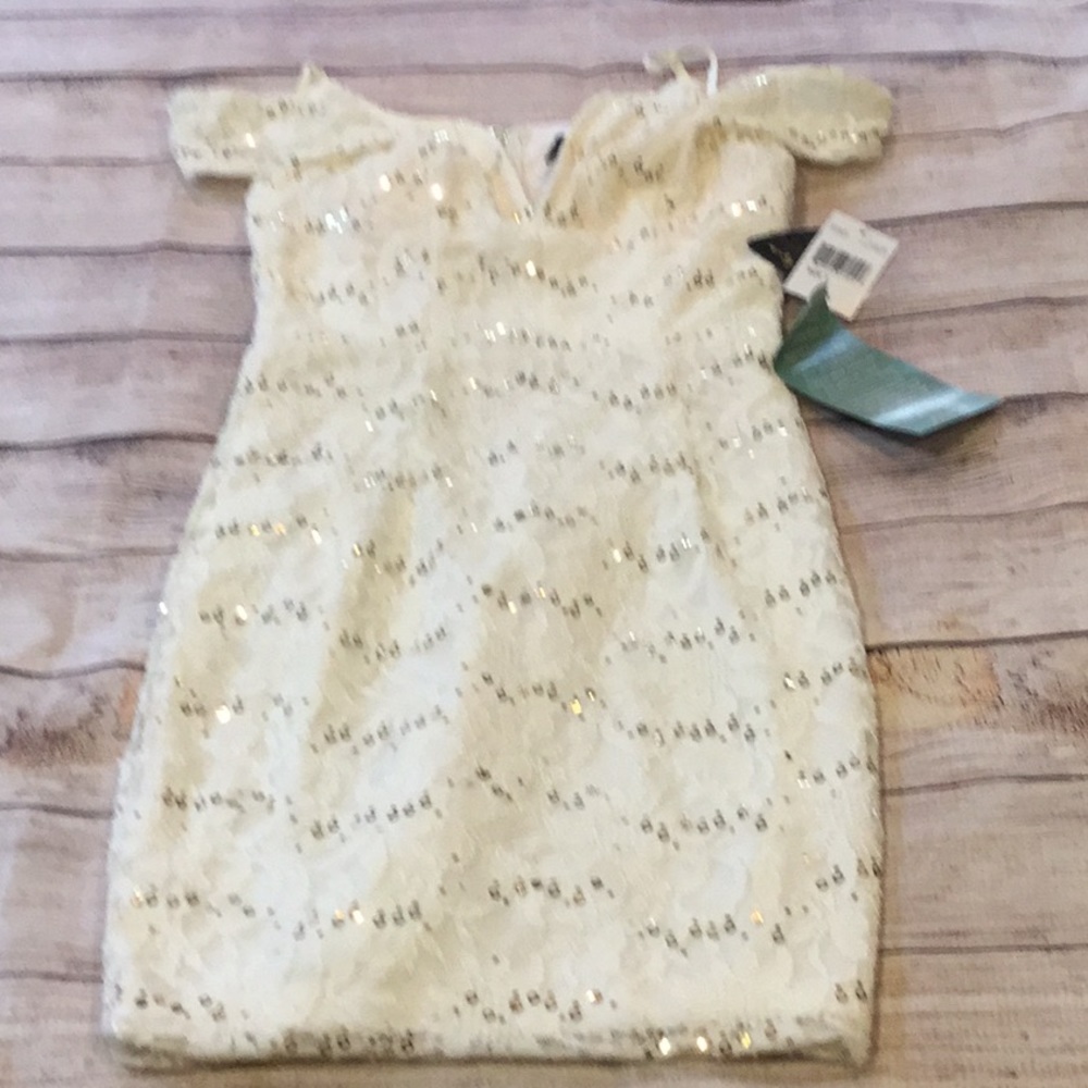 NWT White lace sequin metallic cream mini dress, off the shoulder.